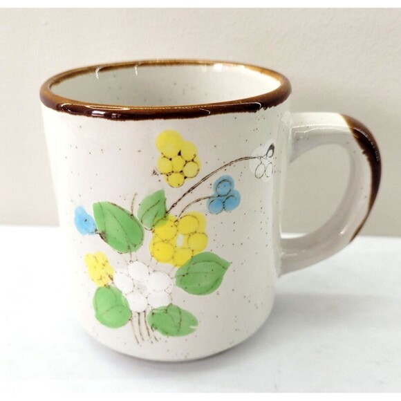 Vintage Daisy Mug Otagiri Style Speckled Stoneware Floral Cup Blue Yellow Green - Picture 2 of 7